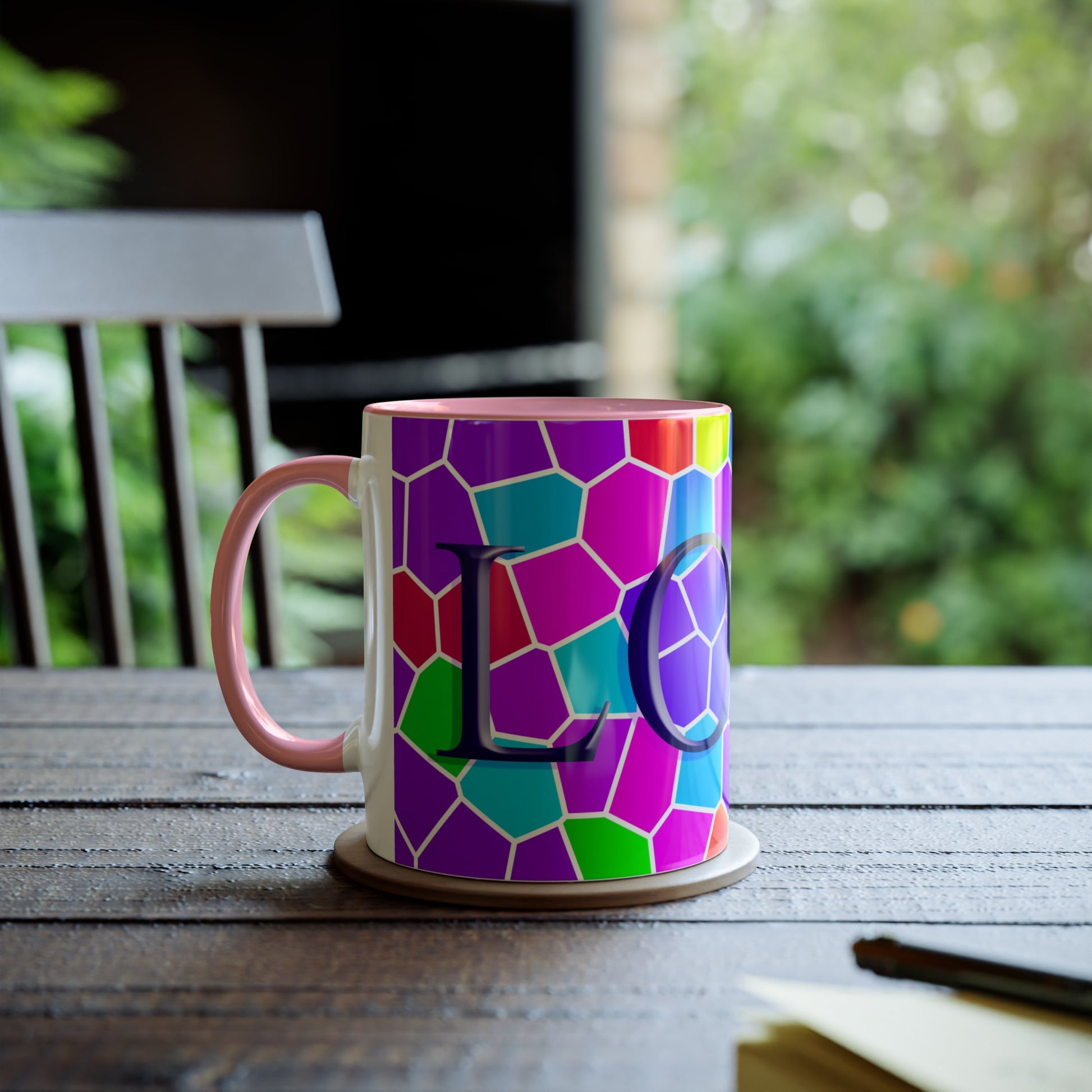 Brightly coloured Love mug, printed mugs for girlfriend