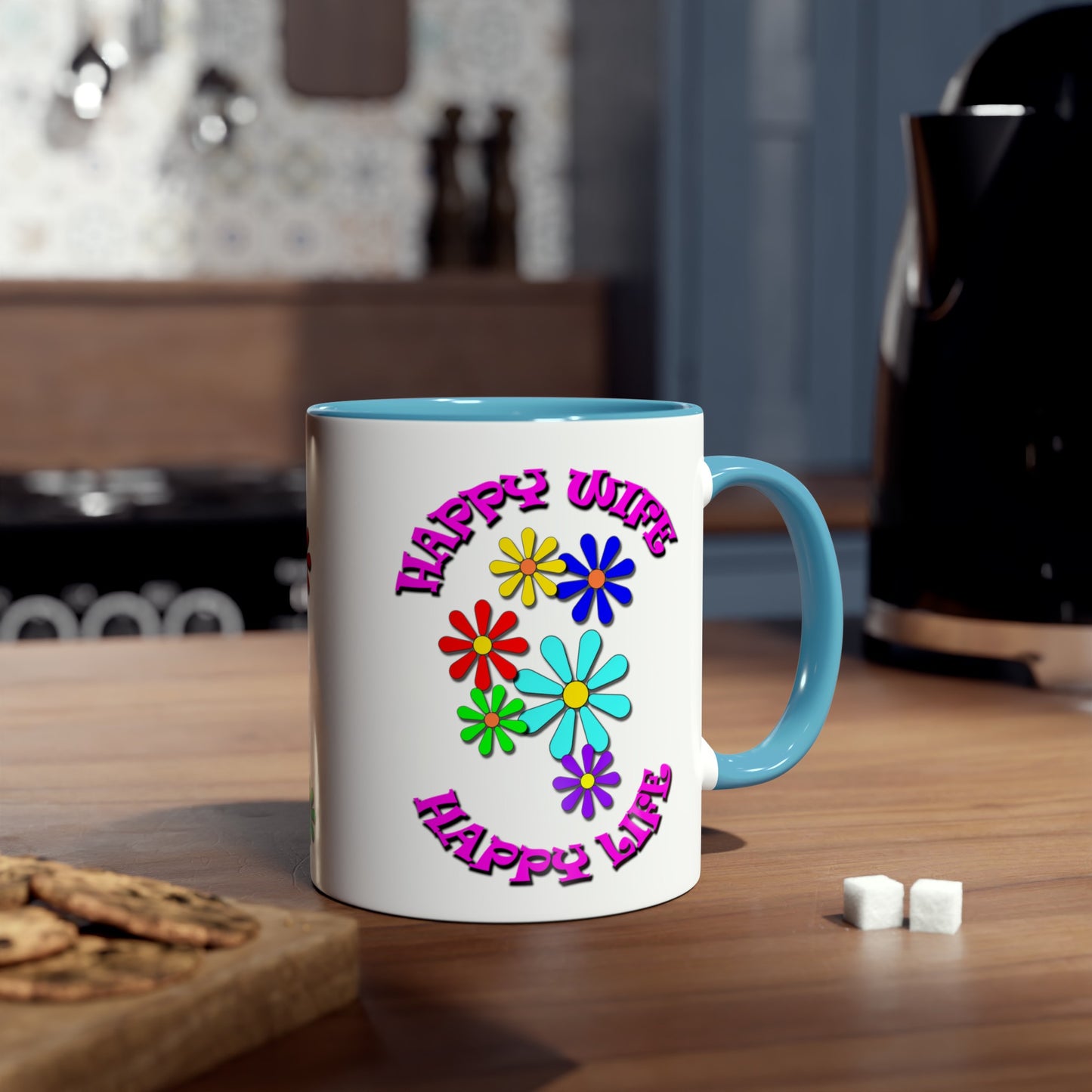 Happy Wife- Happy Life, printed colourful tea mugs for girlfreinds