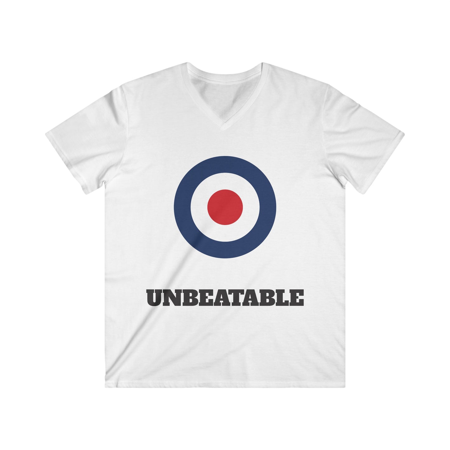 Sportswear, white T-shirt with RAF style sign. Unbeatable slogan shirt for working out.  