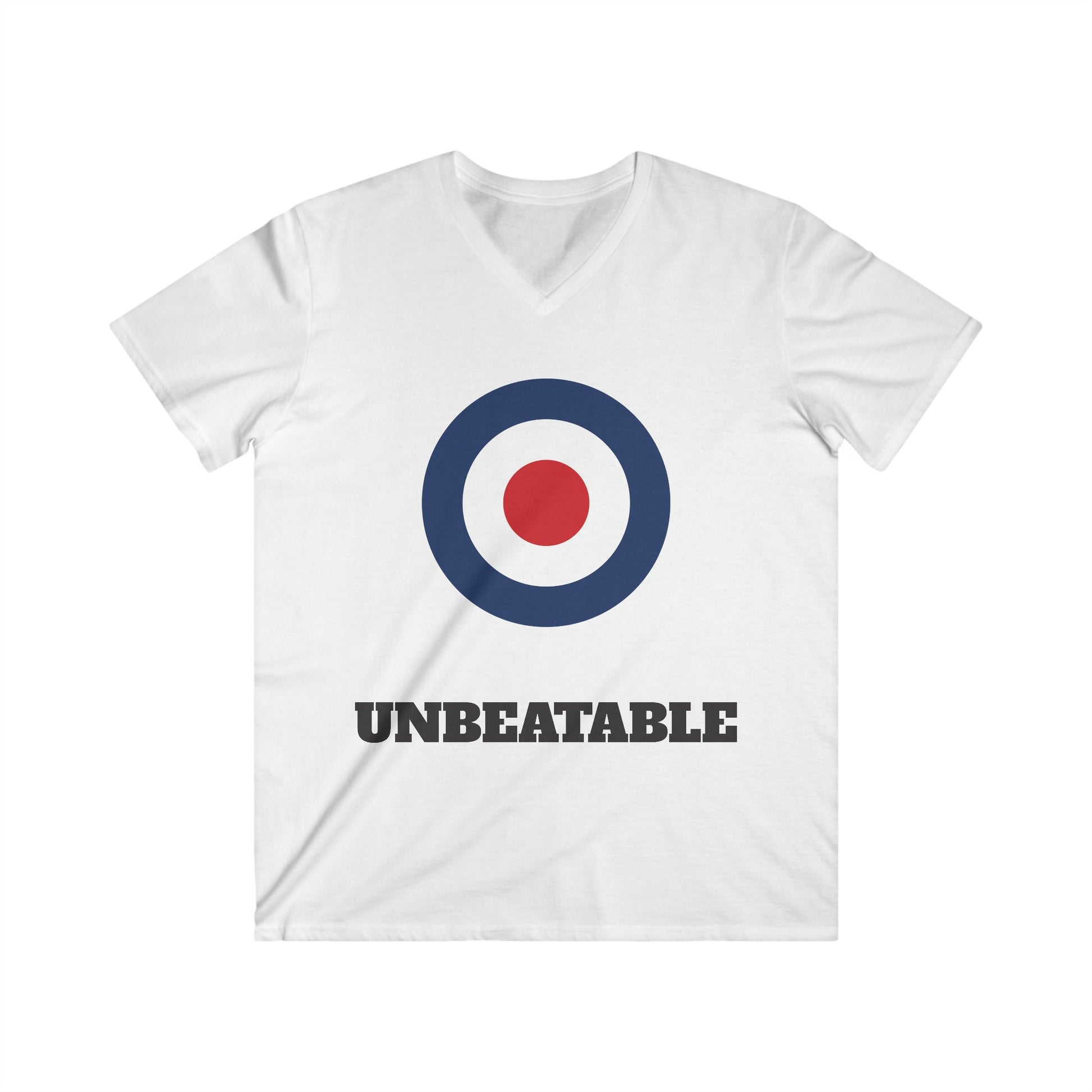 Sportswear, white T-shirt with RAF style sign. Unbeatable slogan shirt for working out.  