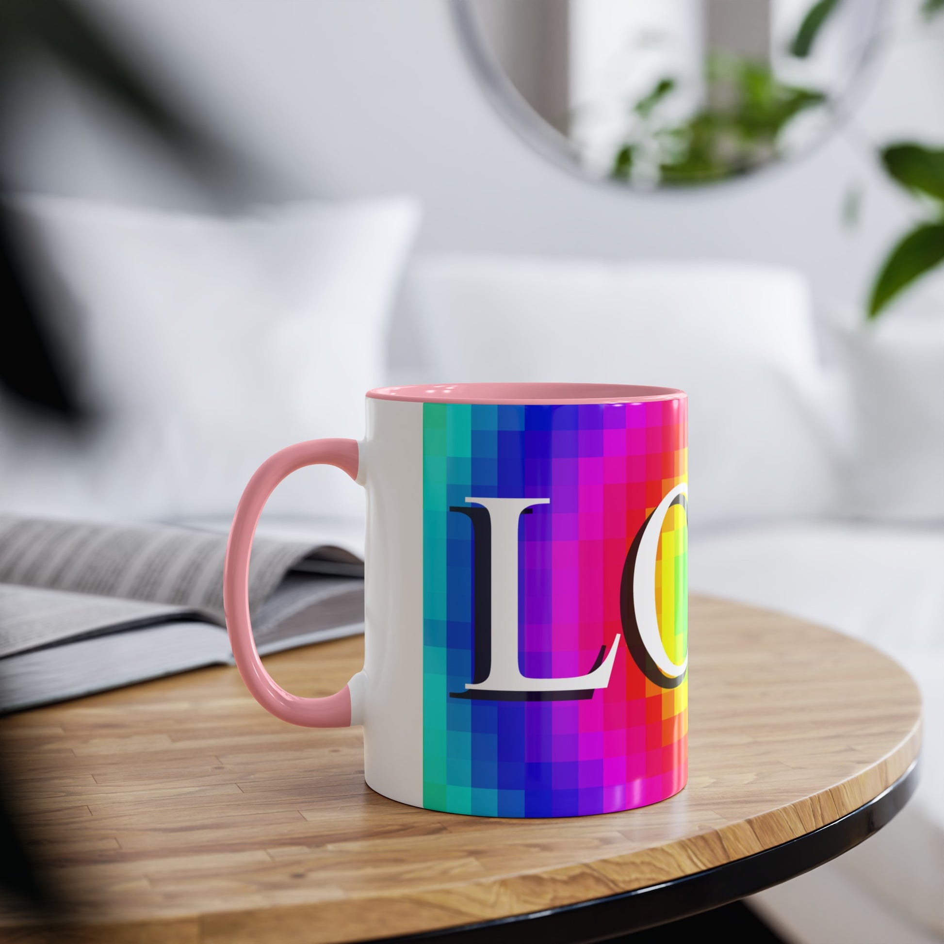 Mosaic of Love, Colourful love themed coffee mugs. Rainbow flag Tea mugs for him