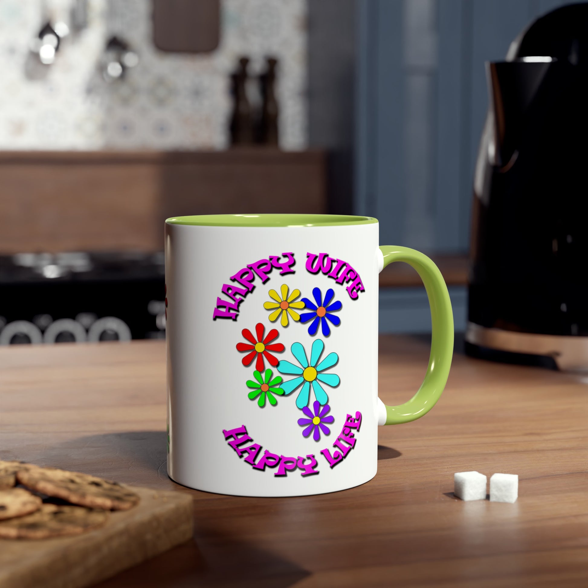 Happy Wife- Happy Life, printed colourful tea mugs for lovers