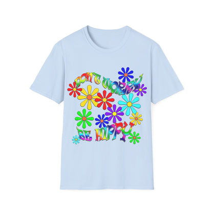 This close-up showcases a light-blue t-shirt featuring the slogan "Don't Worry Be Hippy" in a bold, rainbow-coloured design. Fun, printed T-shirts and mugs for all the family.