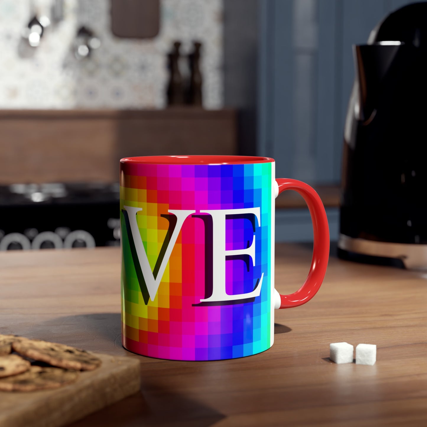 Mosaic of Love, Colourful love themed coffee mugs. Rainbow flag Tea mugs for birthdays