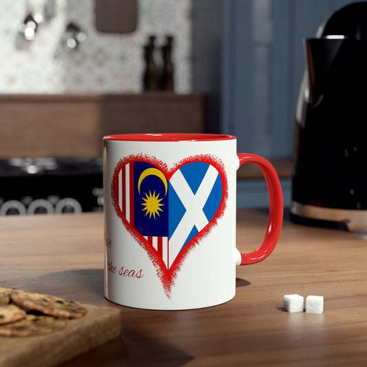 Love across the seas, novelty coffee mugs for lovers, Scottish flag, Malaysian flag, gifts for girlfriend 