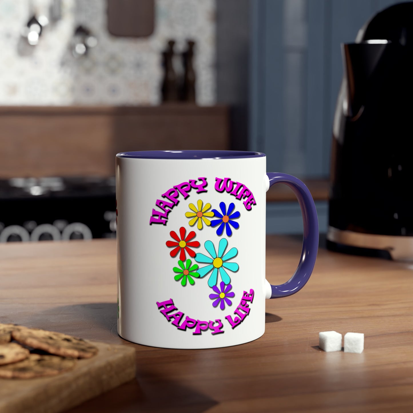 Happy Wife- Happy Life, printed colourful tea mugs for joke gifts