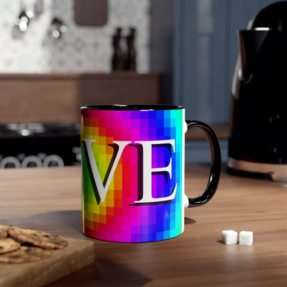 Mosaic of Love, Colourful love themed coffee mugs. Rainbow flag Tea mugs for Gay Pride