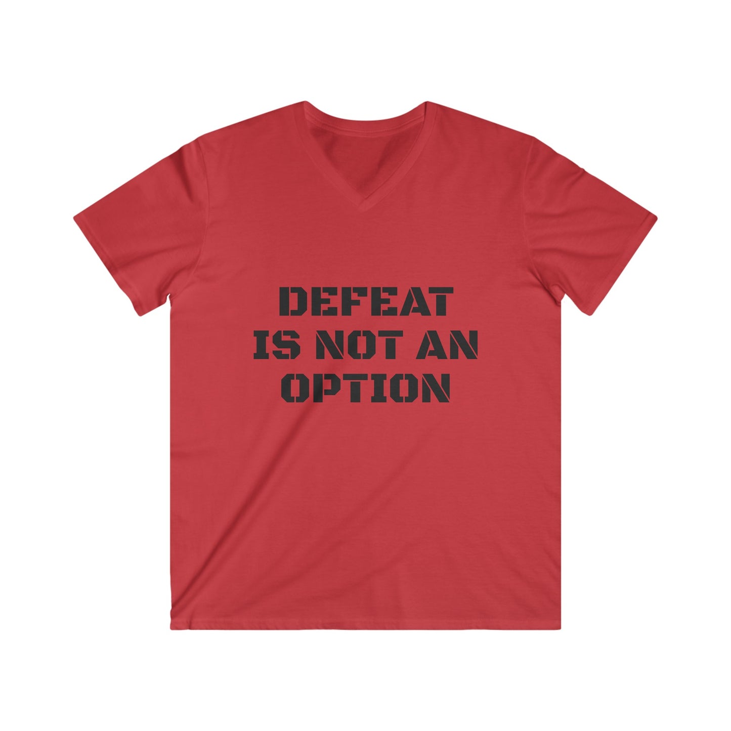 Red T-shirt, with 'Defeat is not an option' printed on the front. Gym shirts, gym clothing. Power-lifting equipment. Arm-wrestling shirts.