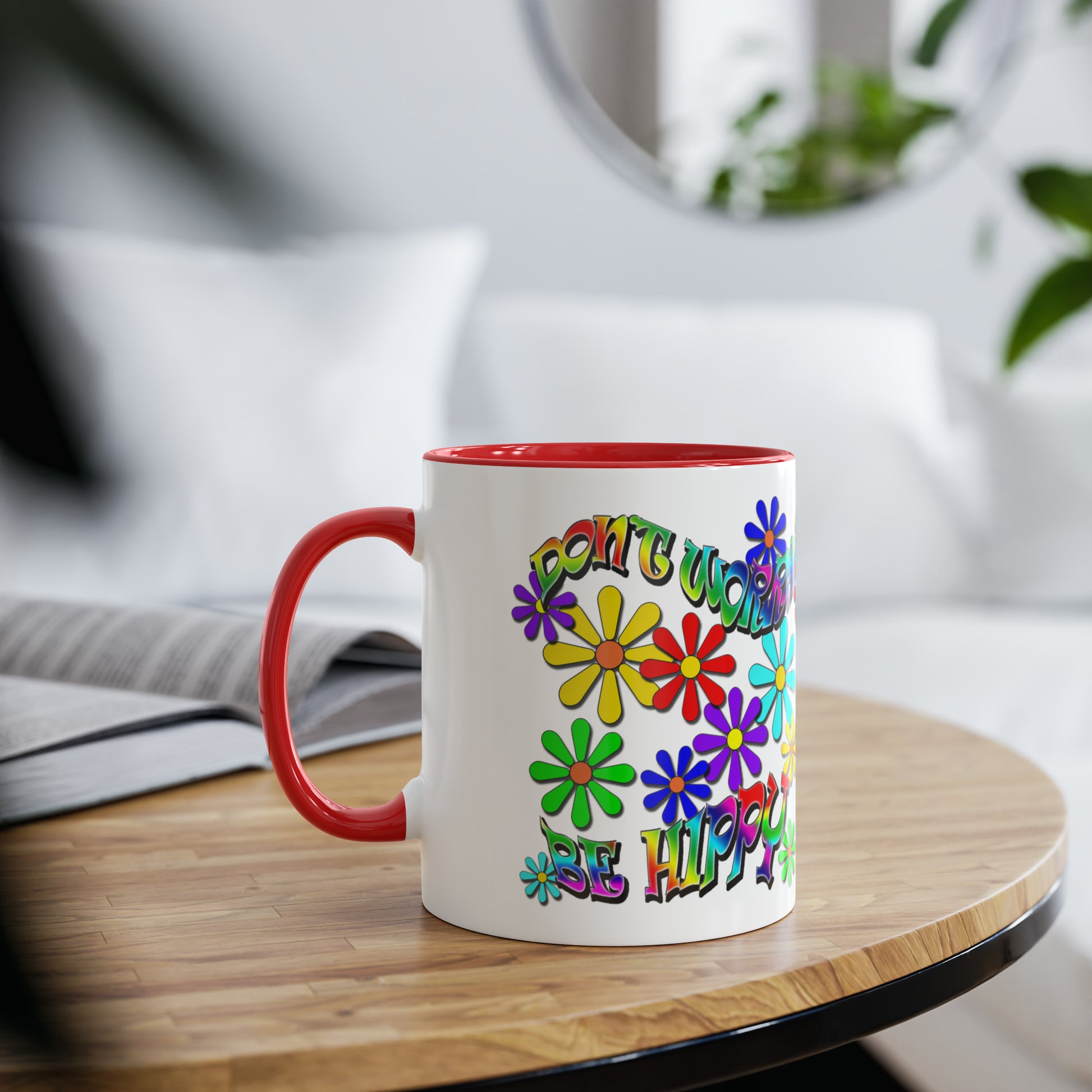 Don't worry, be hippy, novelty printed drinks mugs for family