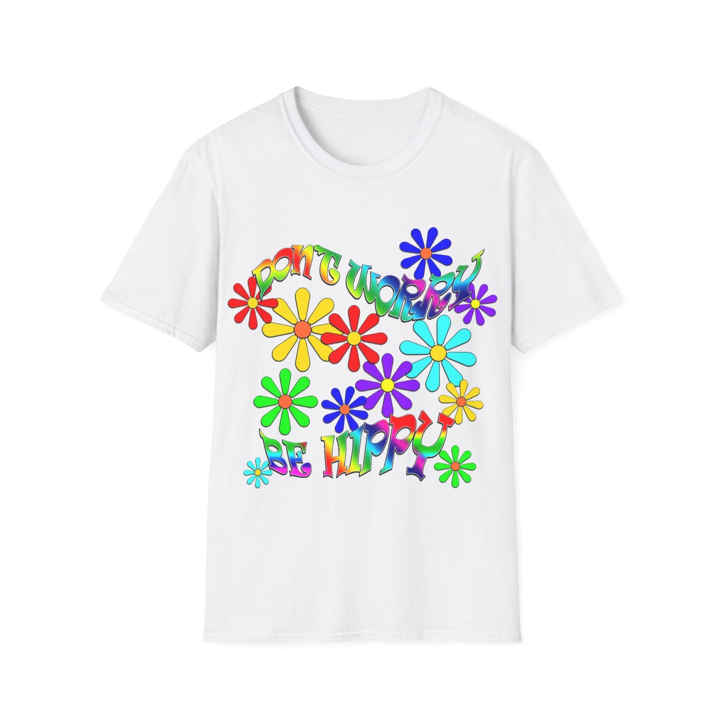 This image focuses on a relaxed-fit t-shirt in white. The front features the message "Don't Worry Be Hippy" displayed in a bold, colourful, flower-power design. Made from cotton and polyester for a comfortable everyday wear. Wearable printed gifts and presents.