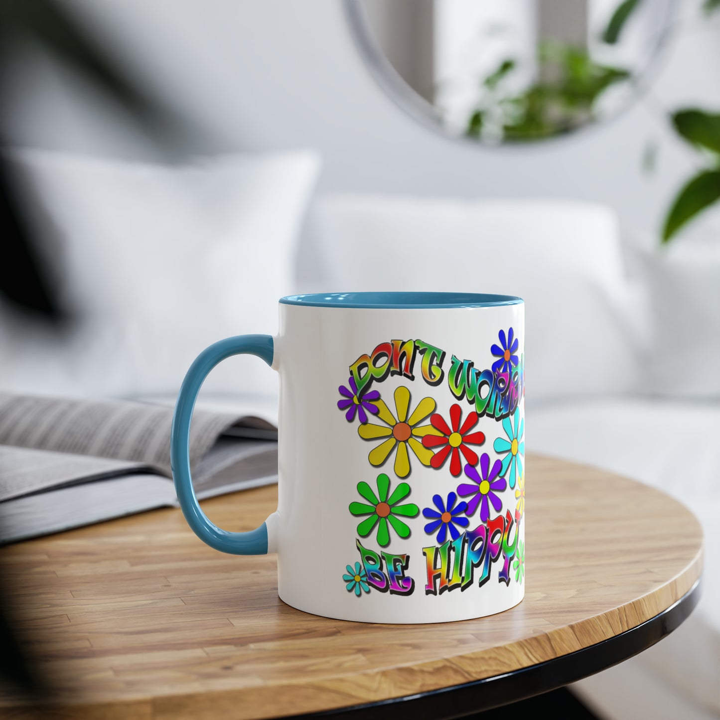 Don't worry, be hippy, novelty printed drinks mugs for best friends