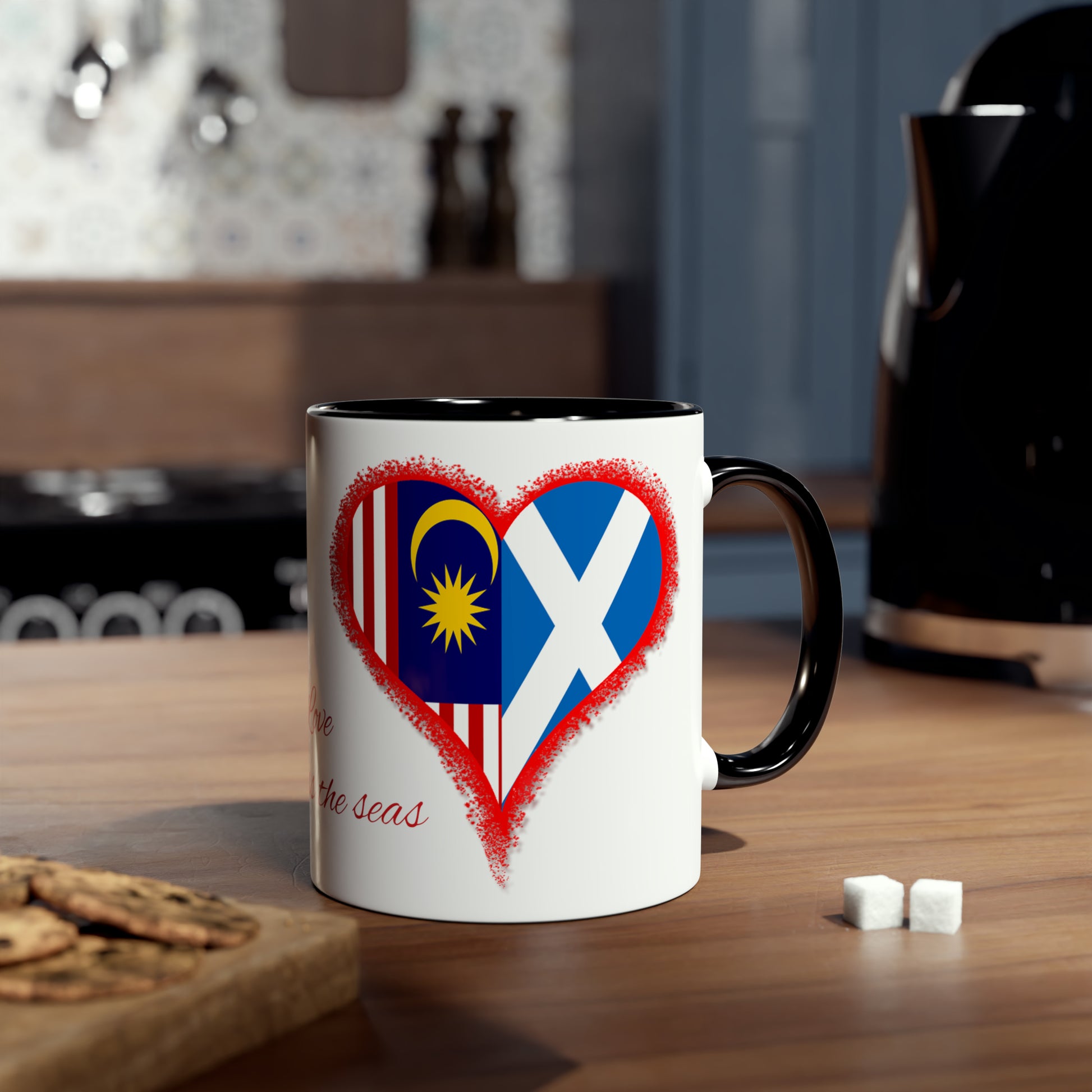 Love across the seas, novelty coffee mugs for lovers, Scottish flag, Malaysian flag, gifts for wife