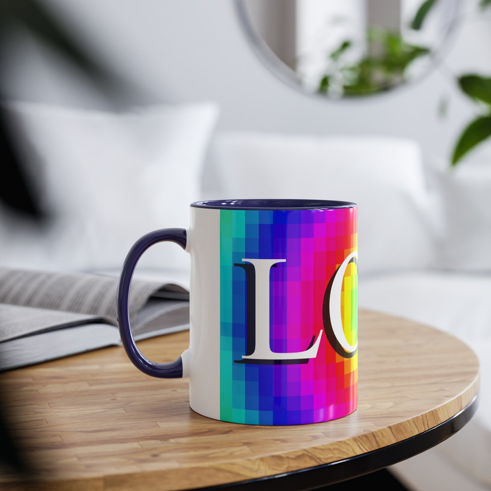 Mosaic of Love, Colourful love themed coffee mugs. Rainbow flag Tea mugs for fiancé 