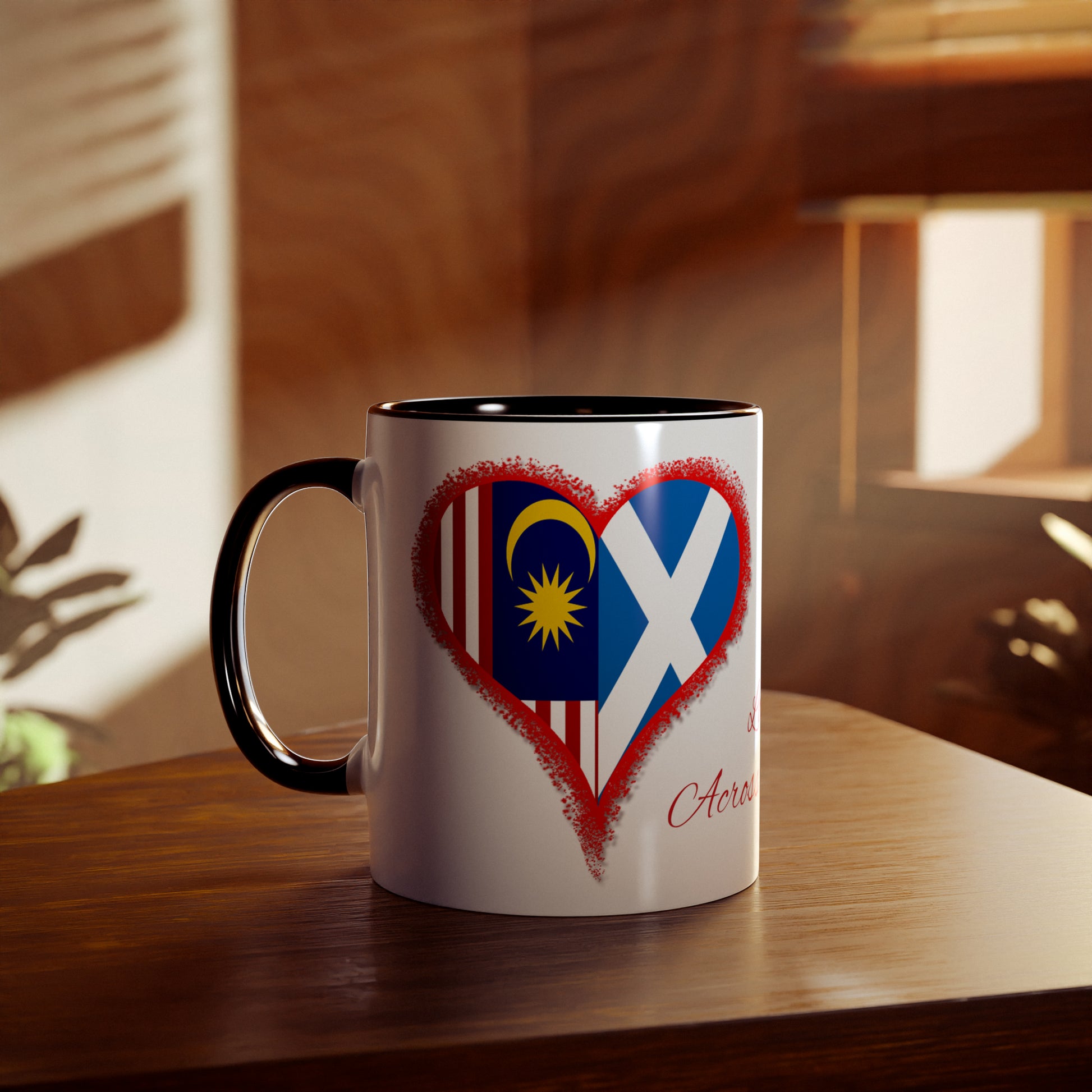 Love across the seas, novelty coffee mugs for lovers, Scottish flag, Malaysian flag, gifts for boyfriend