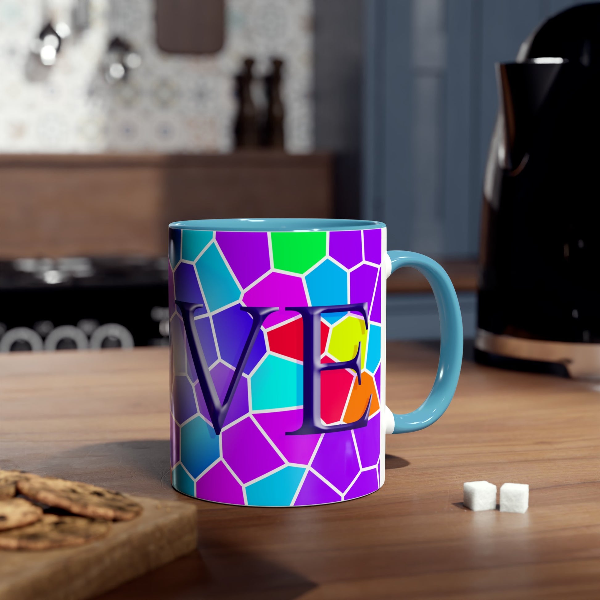 Brightly coloured Love mug, printed mugs for best friends