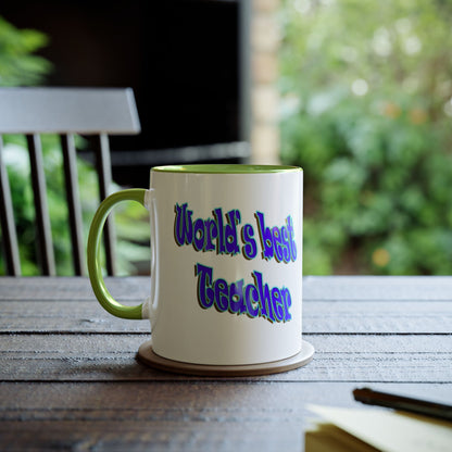 World's best Teacher mug. Green accented, printed coffee and tea mugs.