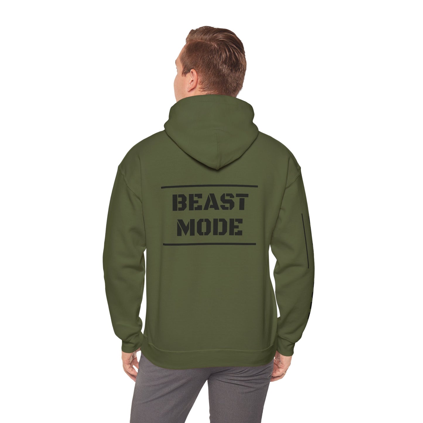 Military green hoodie with the slogan 'Beast Mode' on the back and right arm.