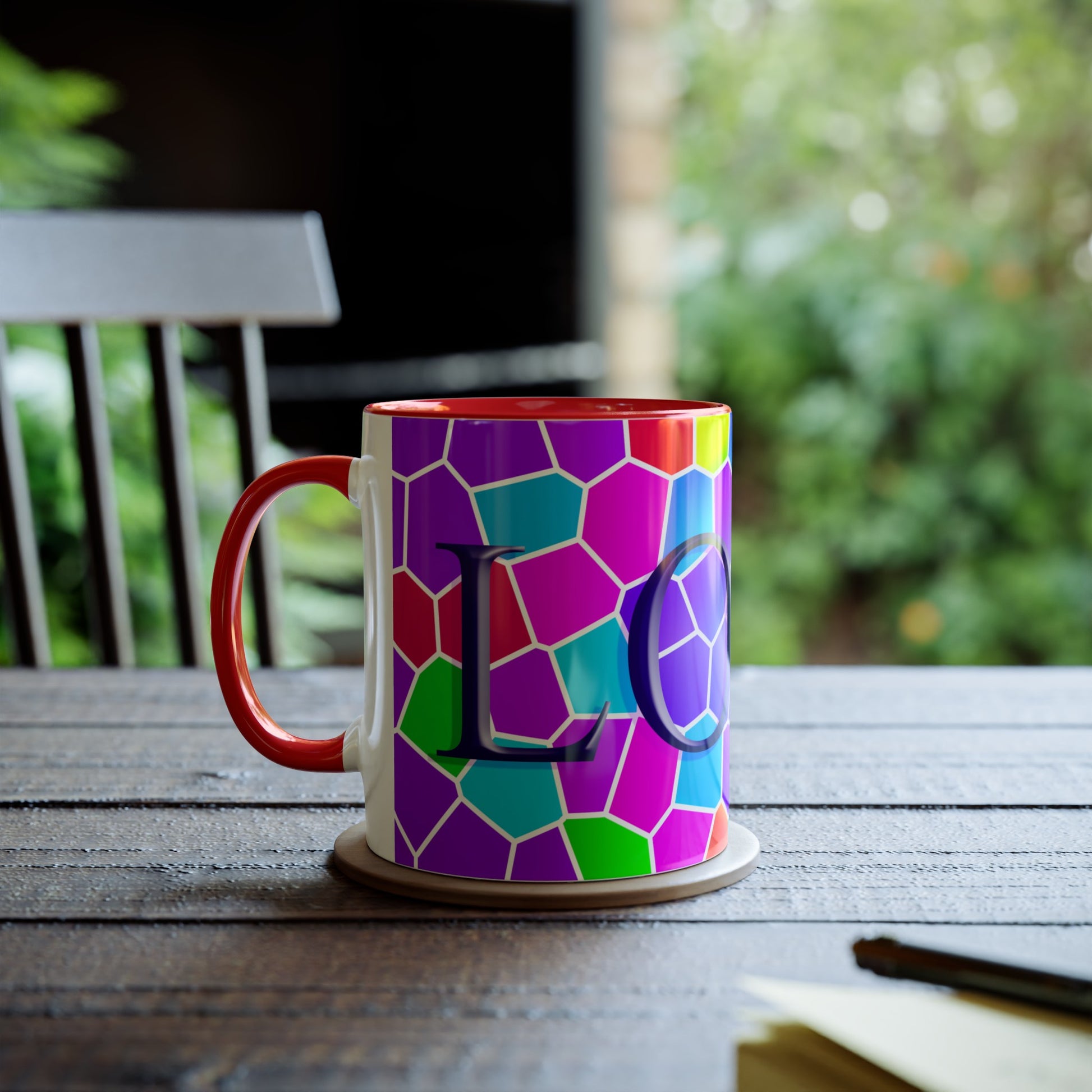 Brightly coloured Love mug, printed mugs for boyfriend