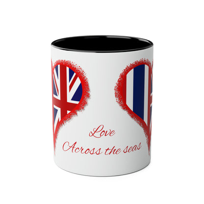 Thailand and UK love hearts mug. Thai flag and UK flag gifts. Presents for your UK girlfriend