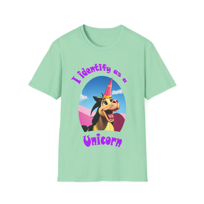 The message "I Identify as a Unicorn" is clearly displayed on this comfortable tee. Made from soft fabric, this shirt is perfect for everyday wear or adding a touch of whimsy.