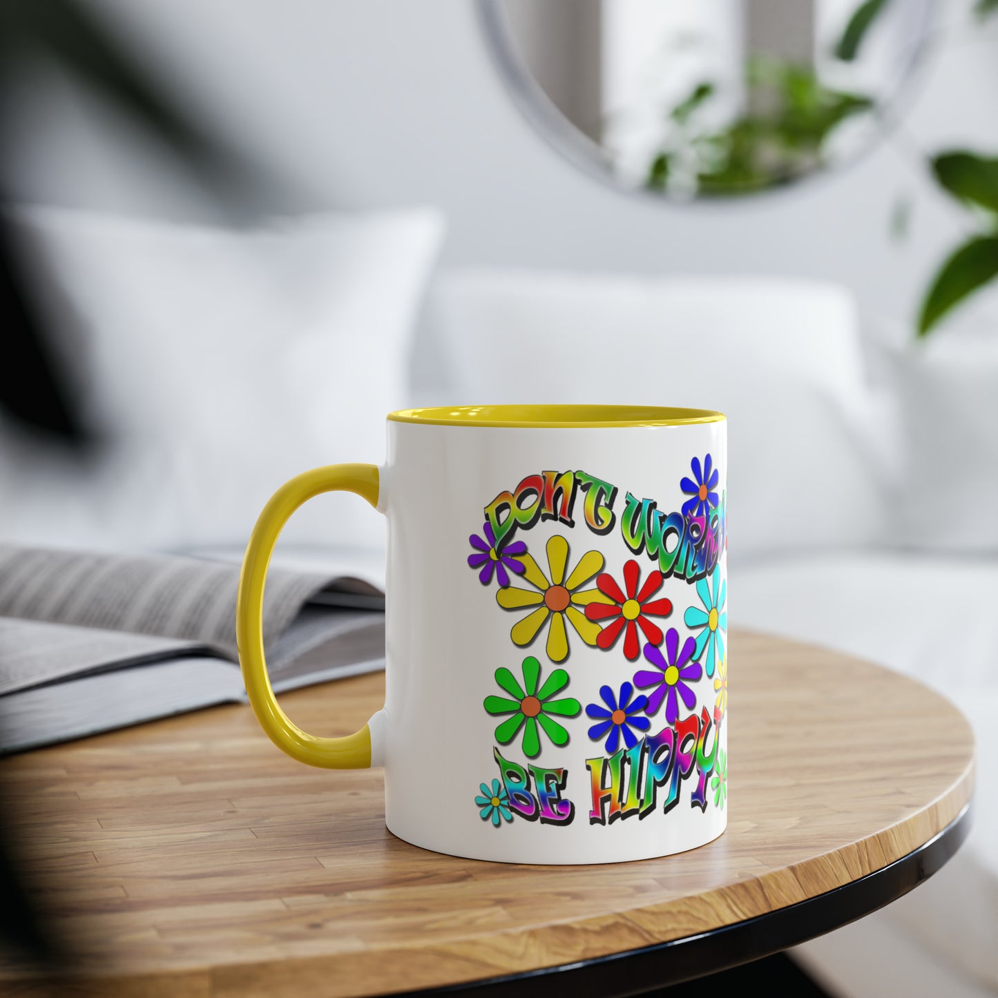 Don't worry, be hippy, novelty printed drinks mugs for hippies