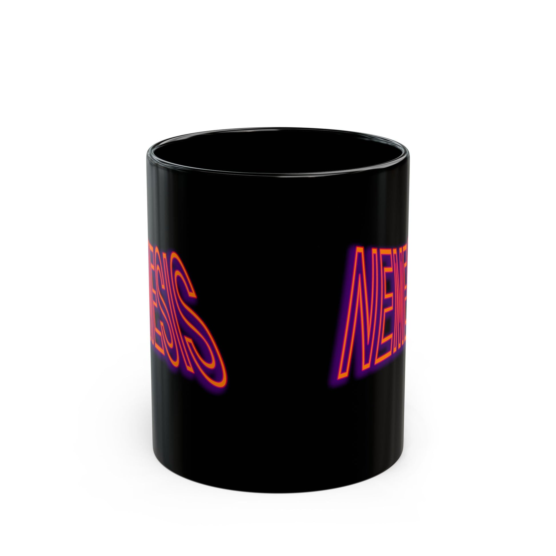 Nemesis mug. Novelty coffee mugs. Neon on black ceramic mugs.