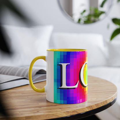 Mosaic of Love, Colourful love themed coffee mugs. Rainbow flag Tea mugs for her