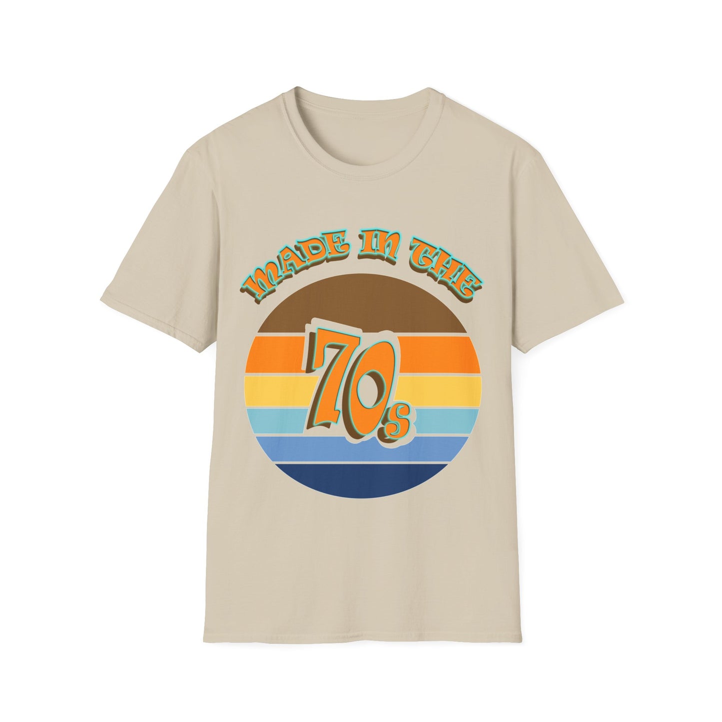 The image displays a comfortable, short-sleeved T-shirt with a vintage or 70s-inspired design.