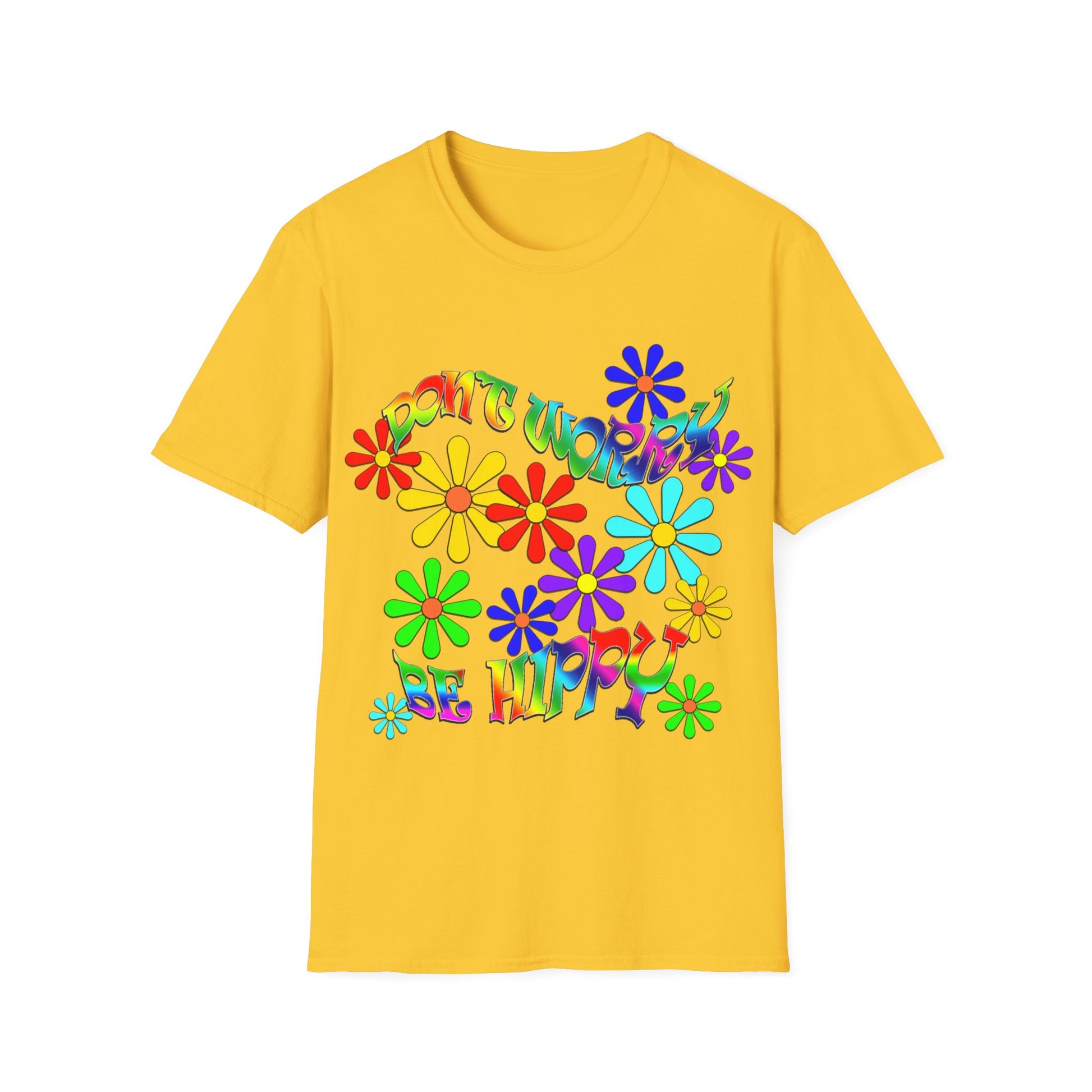 A detailed view of a bright yellow t-shirt with "Don't Worry Be Hippy" printed boldly in a multi-coloured design. Novelty T-shirts for him or her.