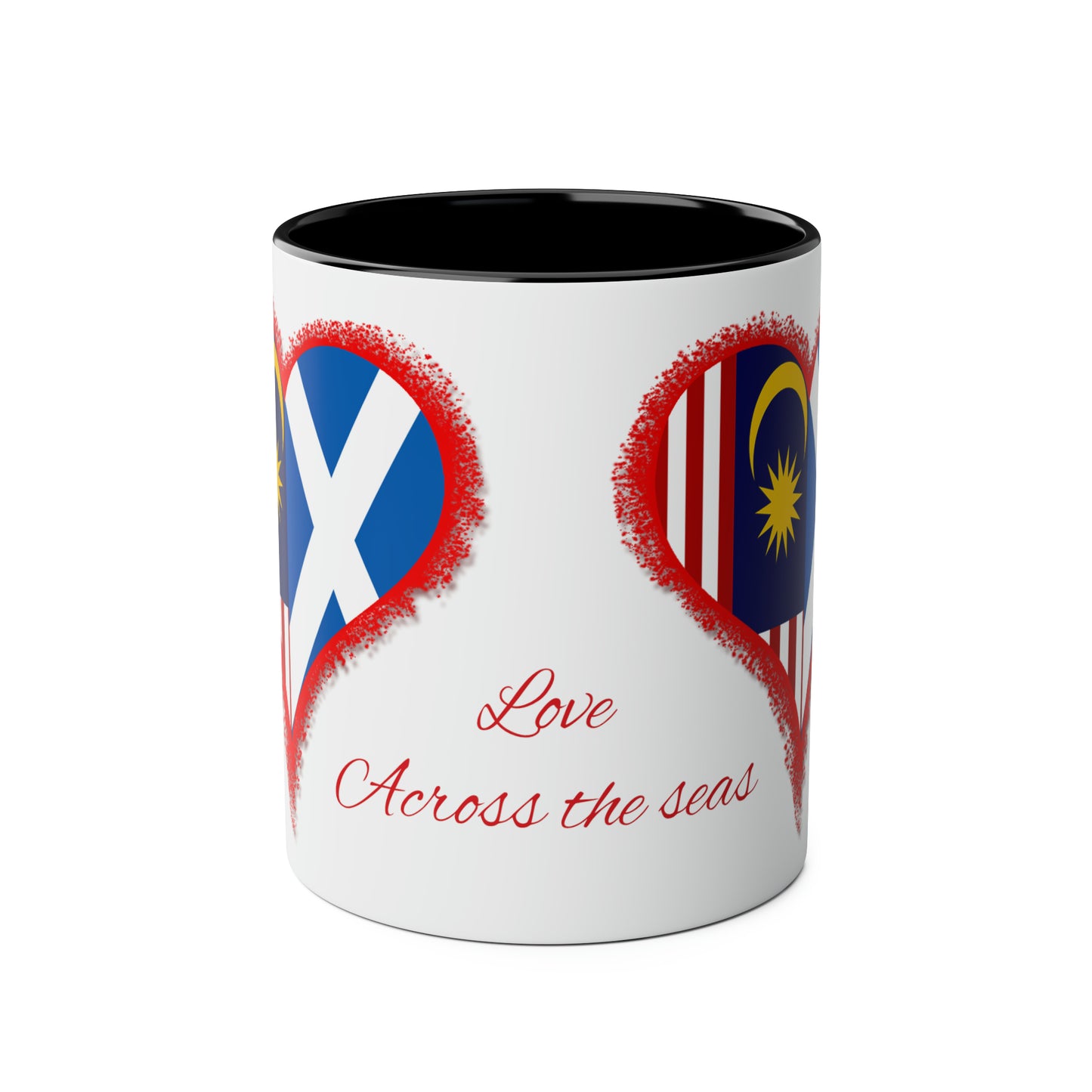 Love across the seas, novelty coffee mugs for lovers, Scottish flag, Malaysian flag, gifts for her