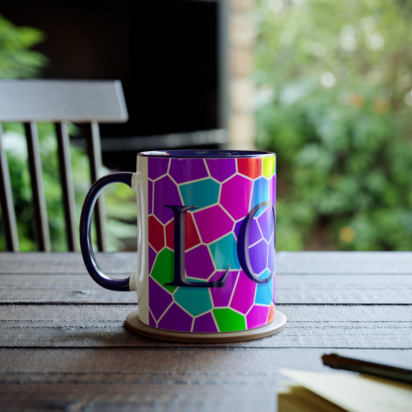 Brightly coloured Love mug, printed mugs for valentines gifts