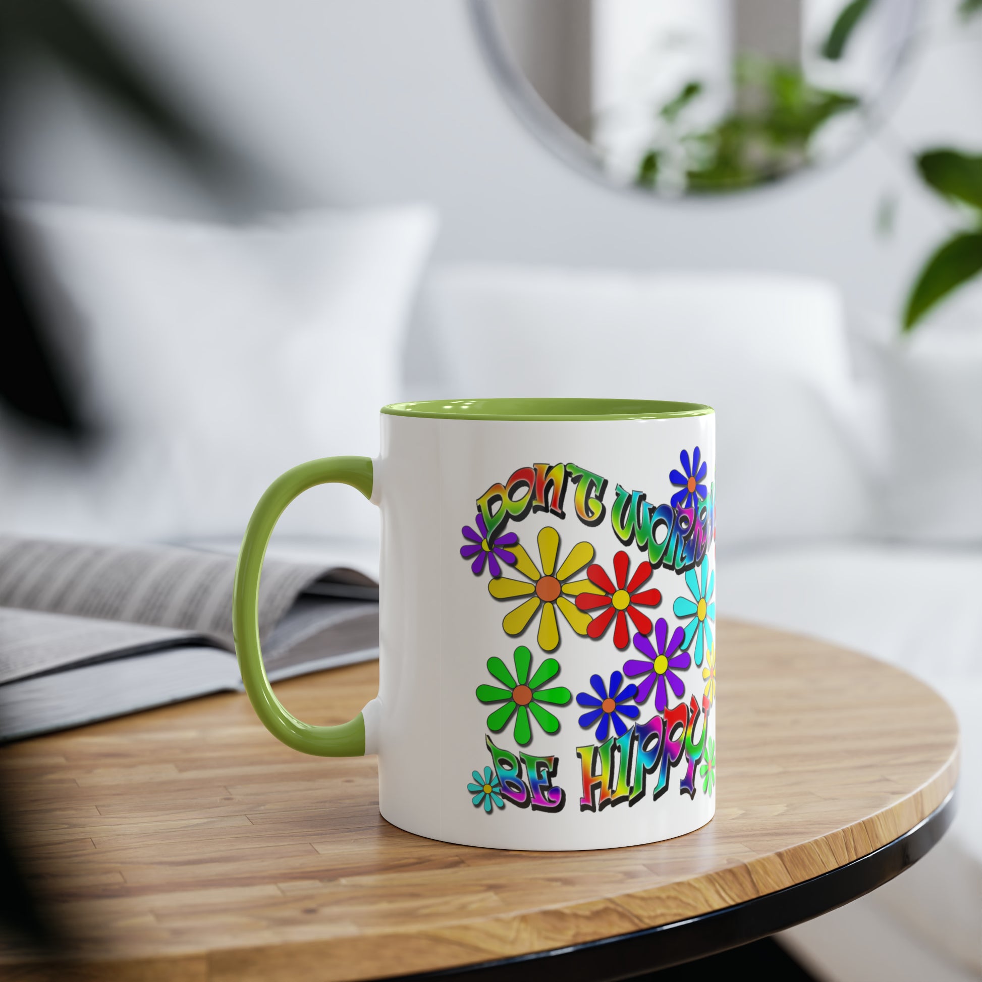 Don't worry, be hippy, novelty printed drinks mugs for lover