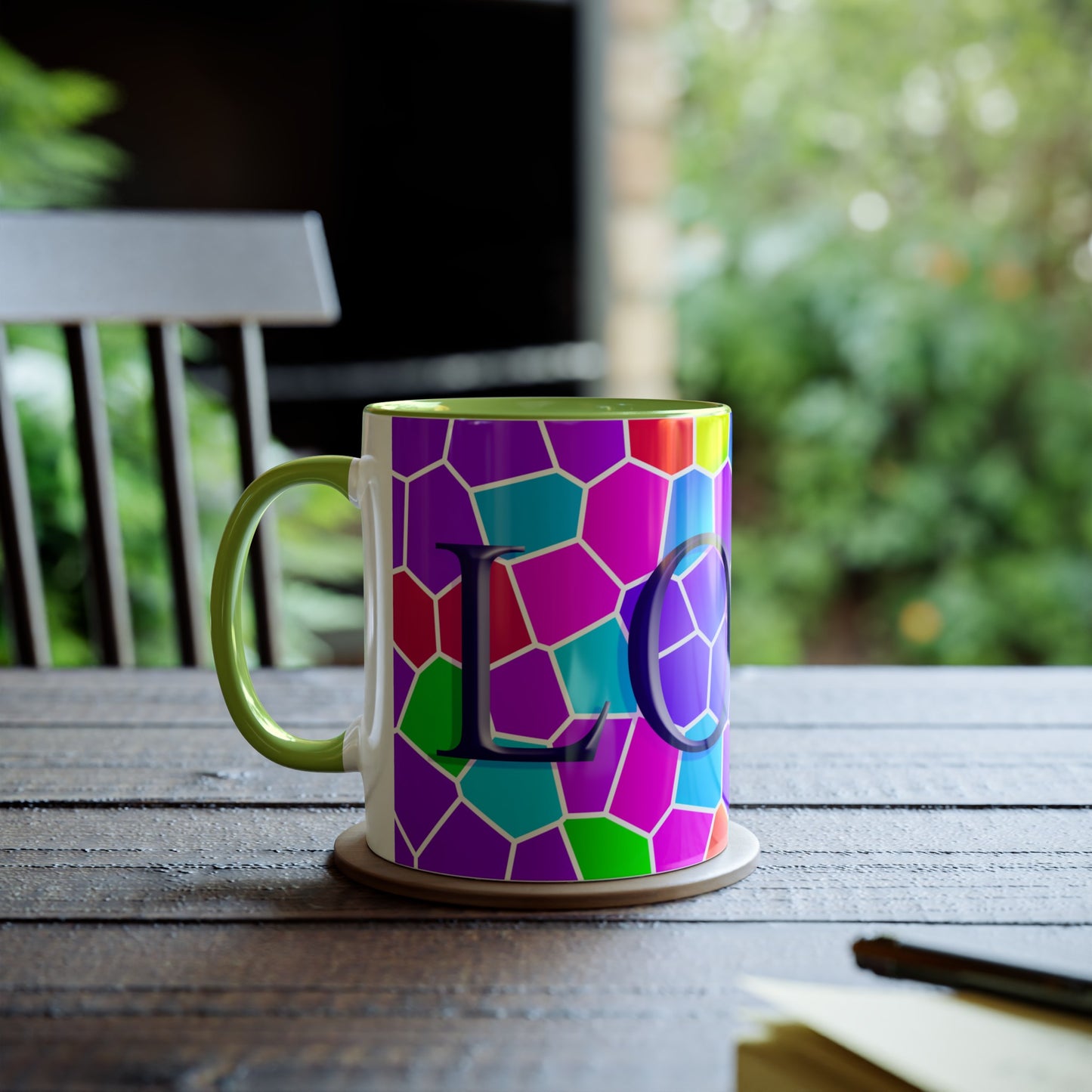 Brightly coloured Love mug, printed mugs for gifts