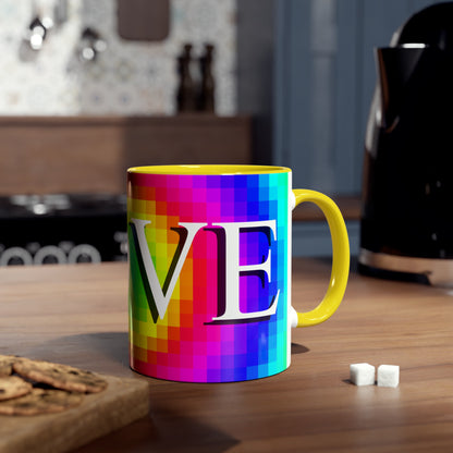 Mosaic of Love, Colourful love themed coffee mugs. Rainbow flag Tea mugs for Pride festival