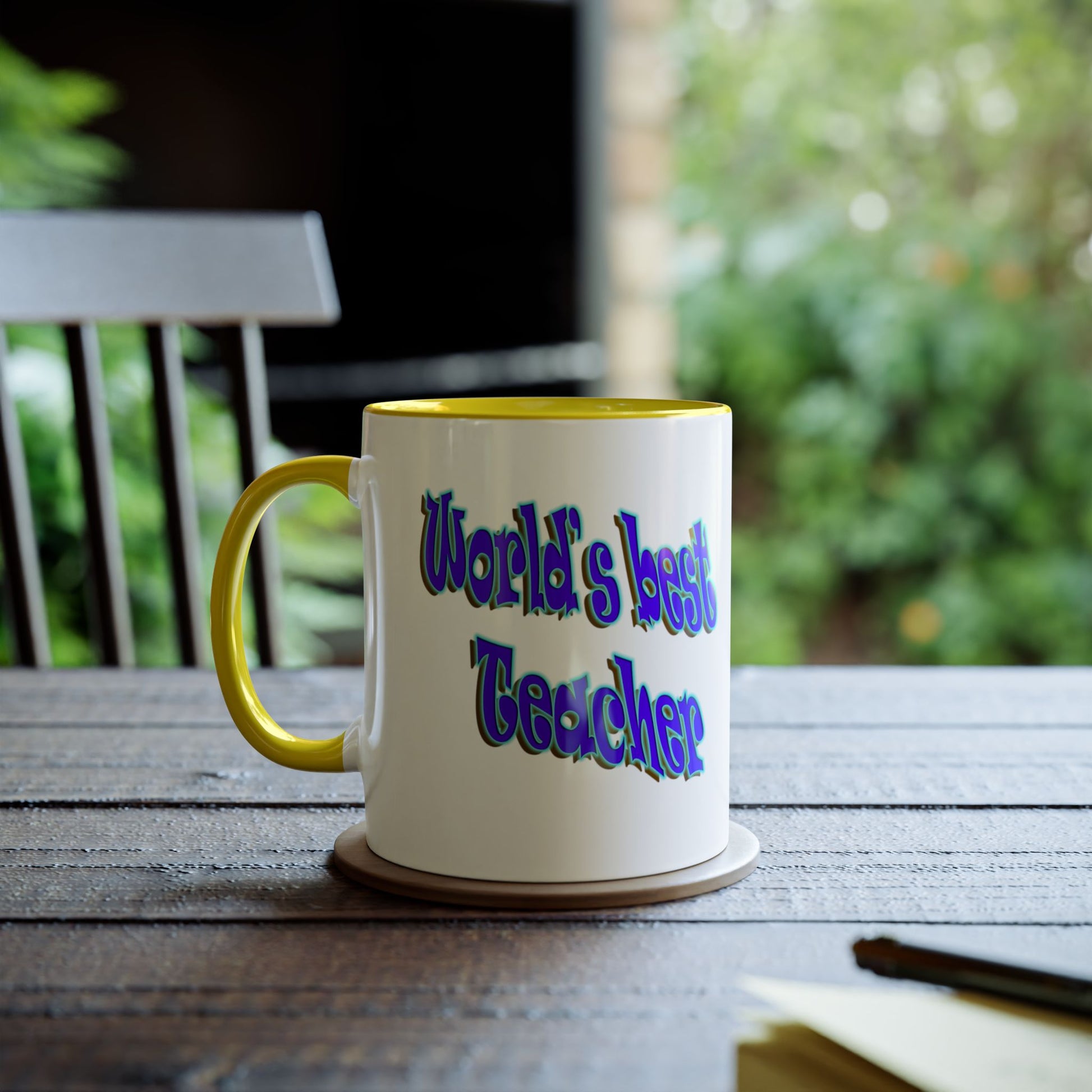 World's best Teacher mug. Yellow accented, printed coffee and tea mugs.