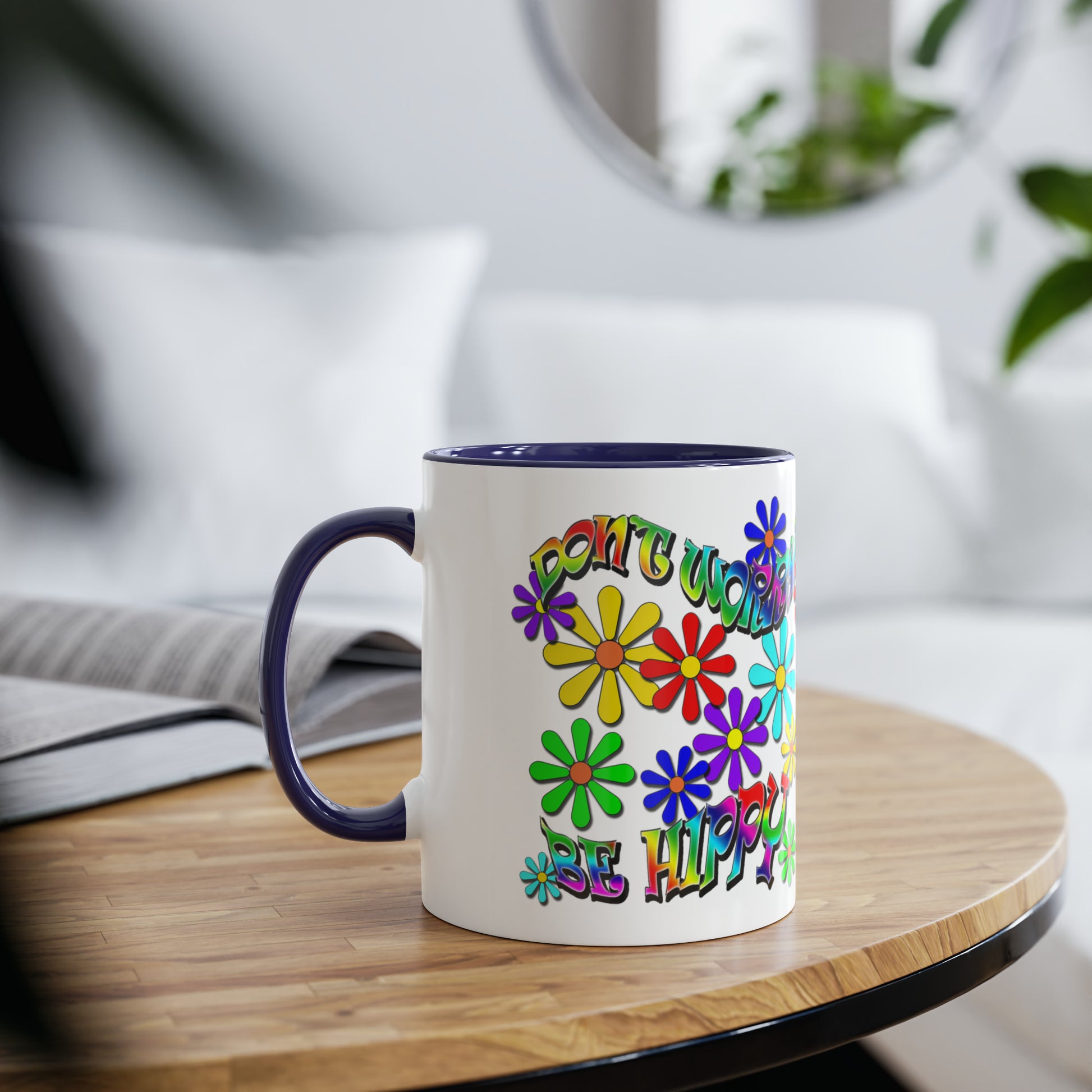 Don't worry, be hippy, novelty printed drinks mugs for birthday gifts