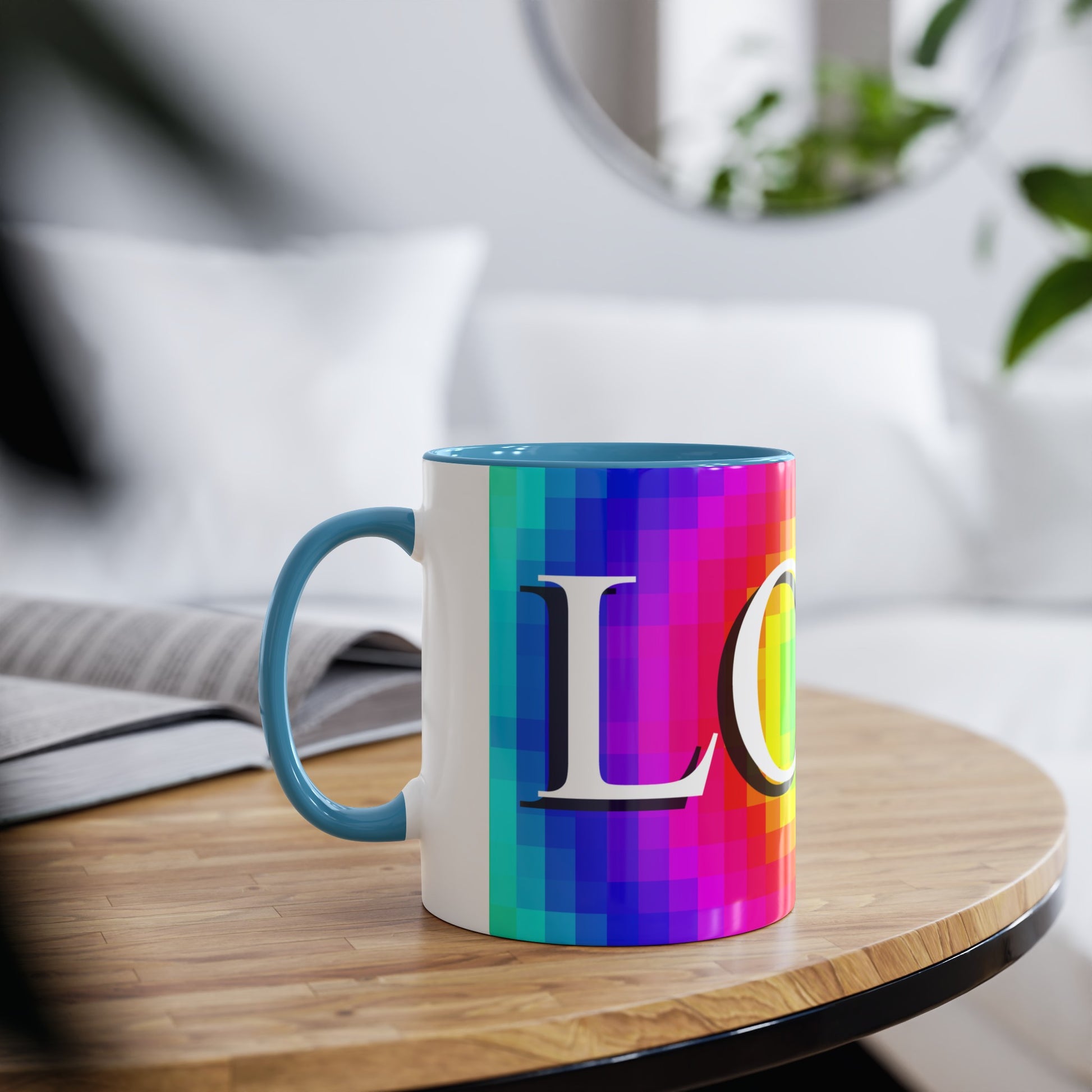 Mosaic of Love, Colourful love themed coffee mugs. Rainbow flag Tea mugs for girls