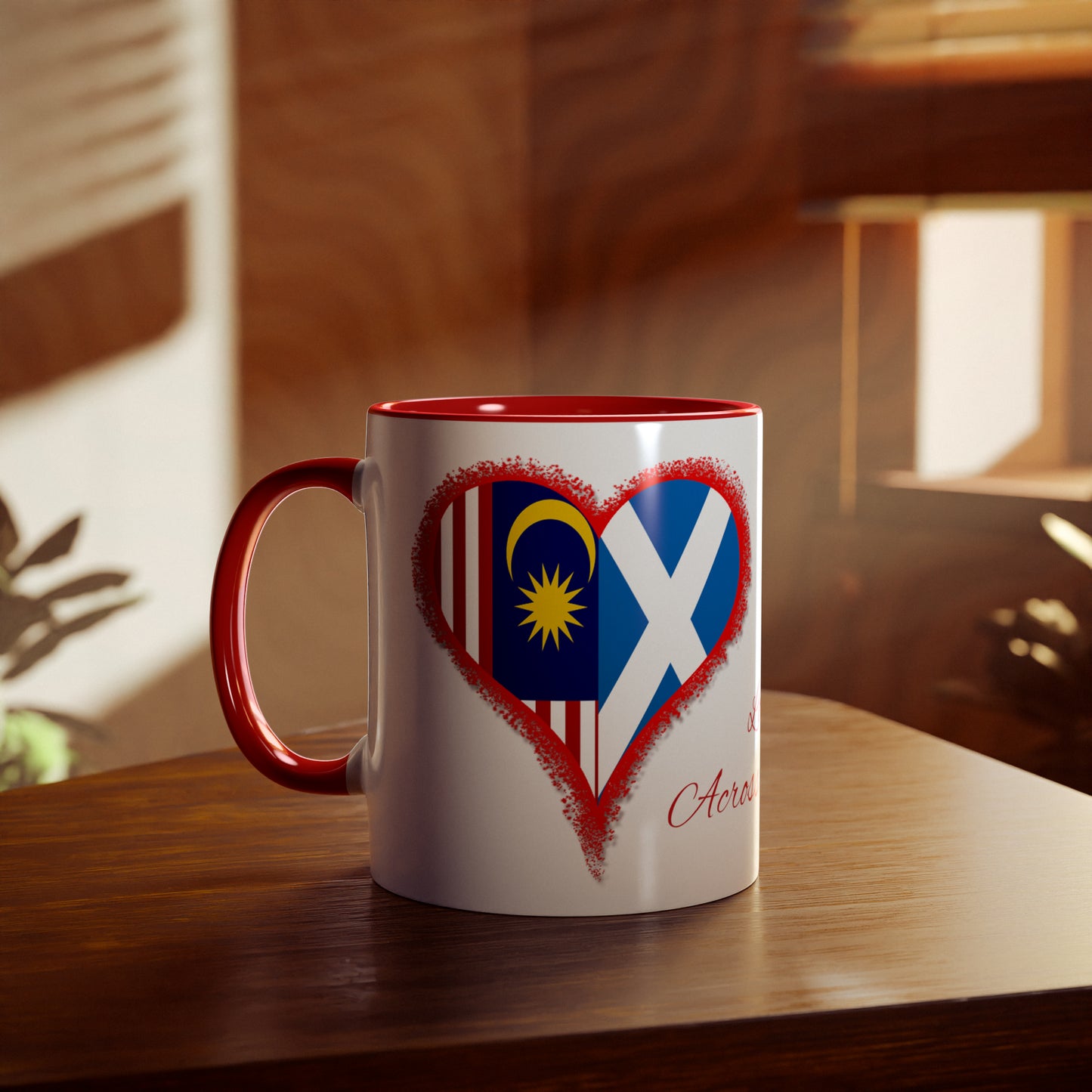 Love across the seas, novelty coffee mugs for lovers, Scottish flag, Malaysian flag, gifts for husband