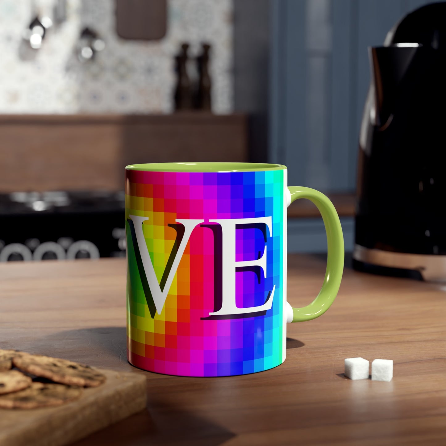 Mosaic of Love, Colourful love themed coffee mugs. Rainbow flag Tea mugs for gifts