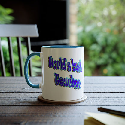 World's best Teacher mug. Blue accented, printed coffee and tea mugs.