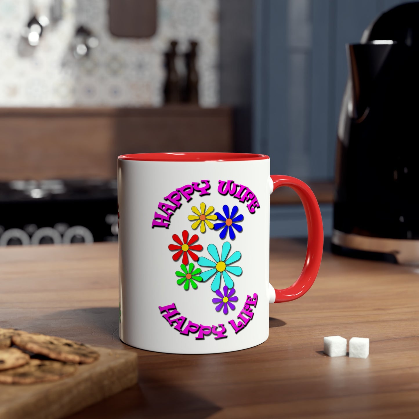 Happy Wife- Happy Life, printed colourful tea mugs for bachelor gift