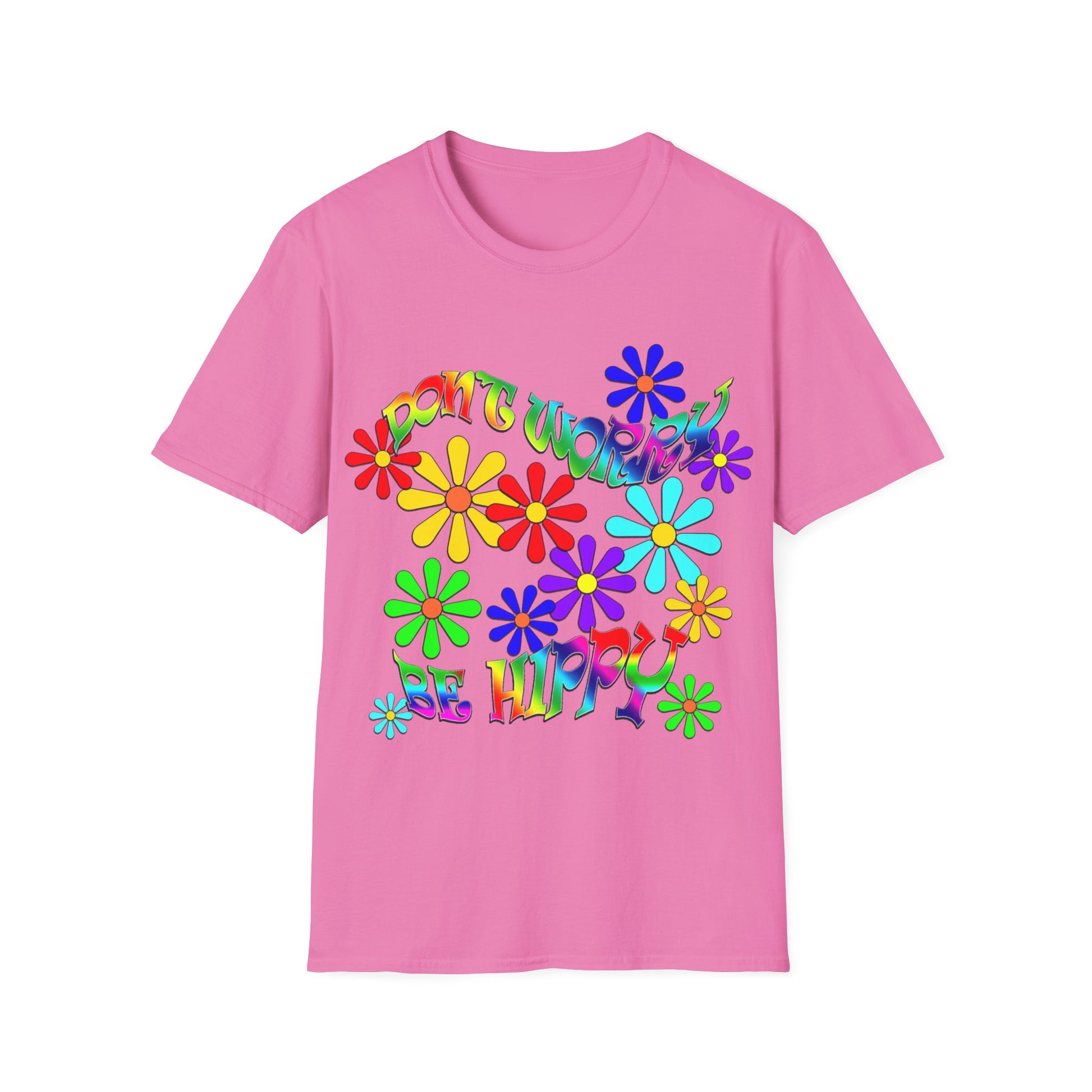 Showcasing the details of a pink t-shirt with a relaxed fit. The message "Don't Worry Be Hippy" is prominently displayed across the chest in a cheerful, flower-power design, perfect for spreading positivity. Printed Tees and mugs, novelty gifts for Mother's Day.