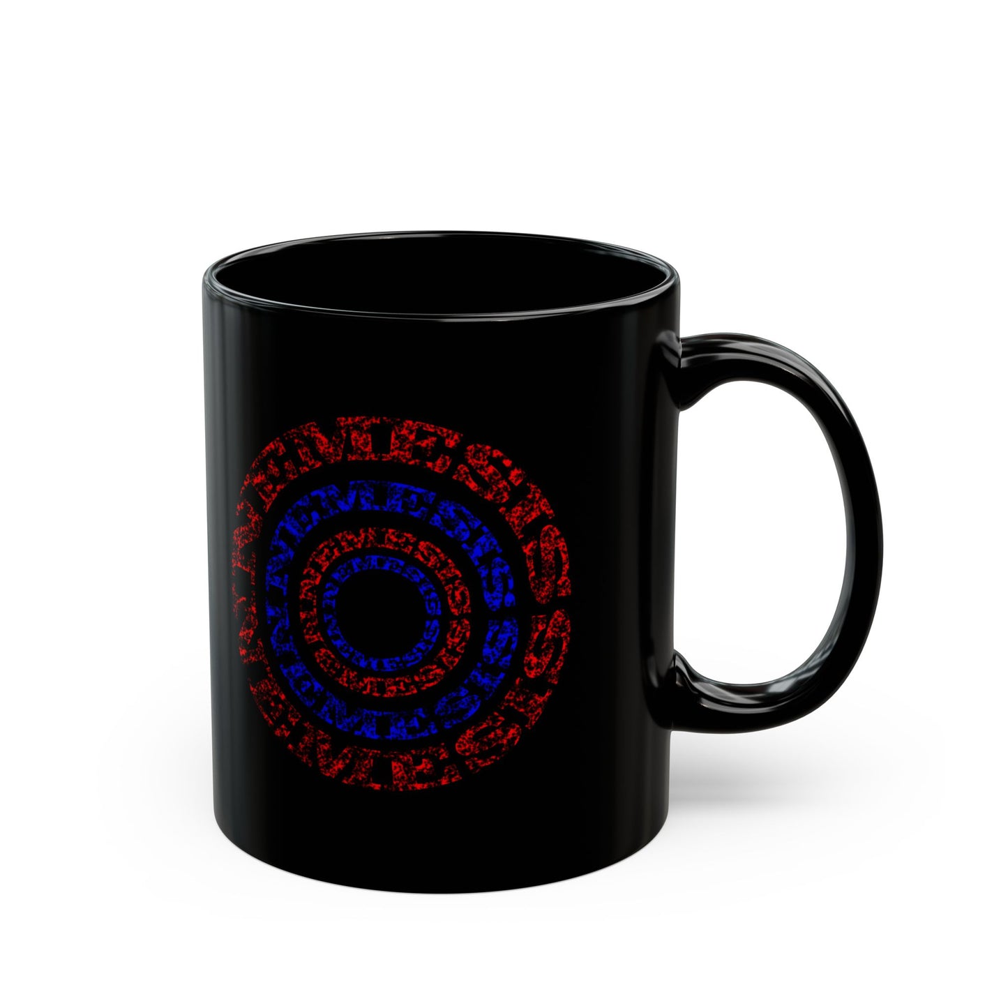 Front view of a Nemesis - optical illusion mug. Black ceramic mug with Red and Blue text.