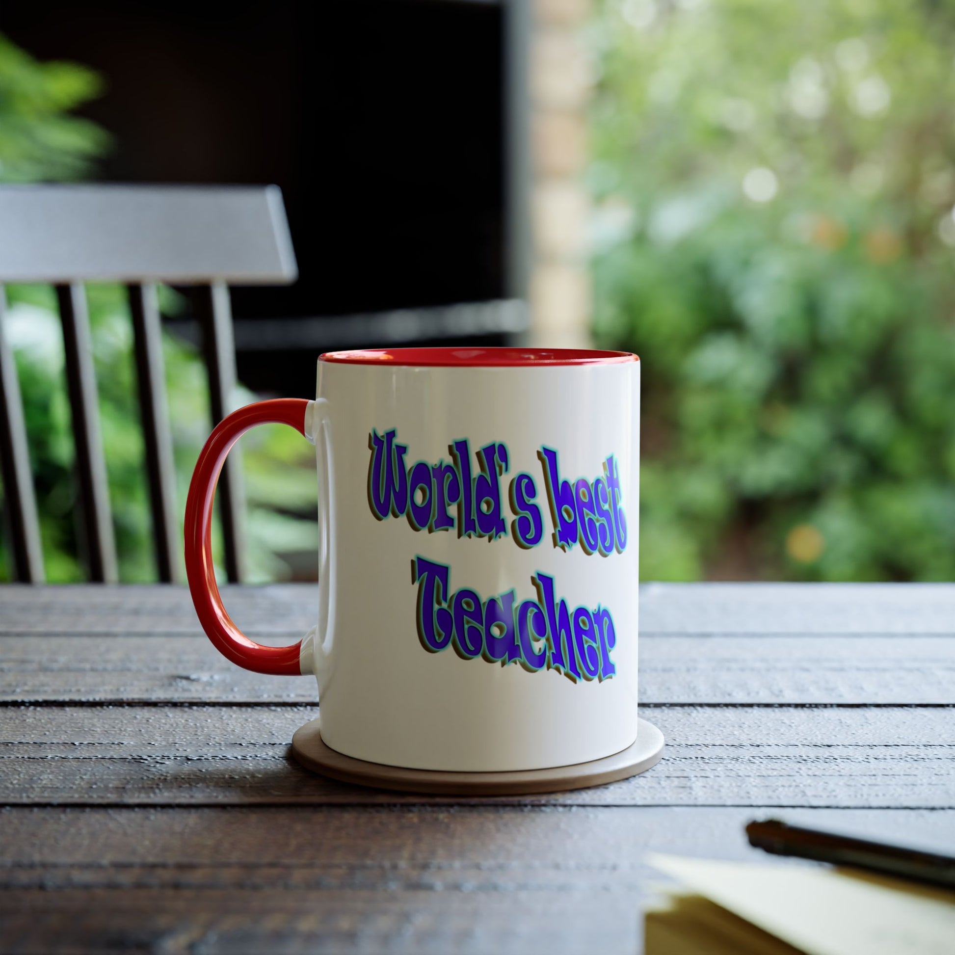 World's best Teacher mug. Red accented, printed coffee and tea mugs.