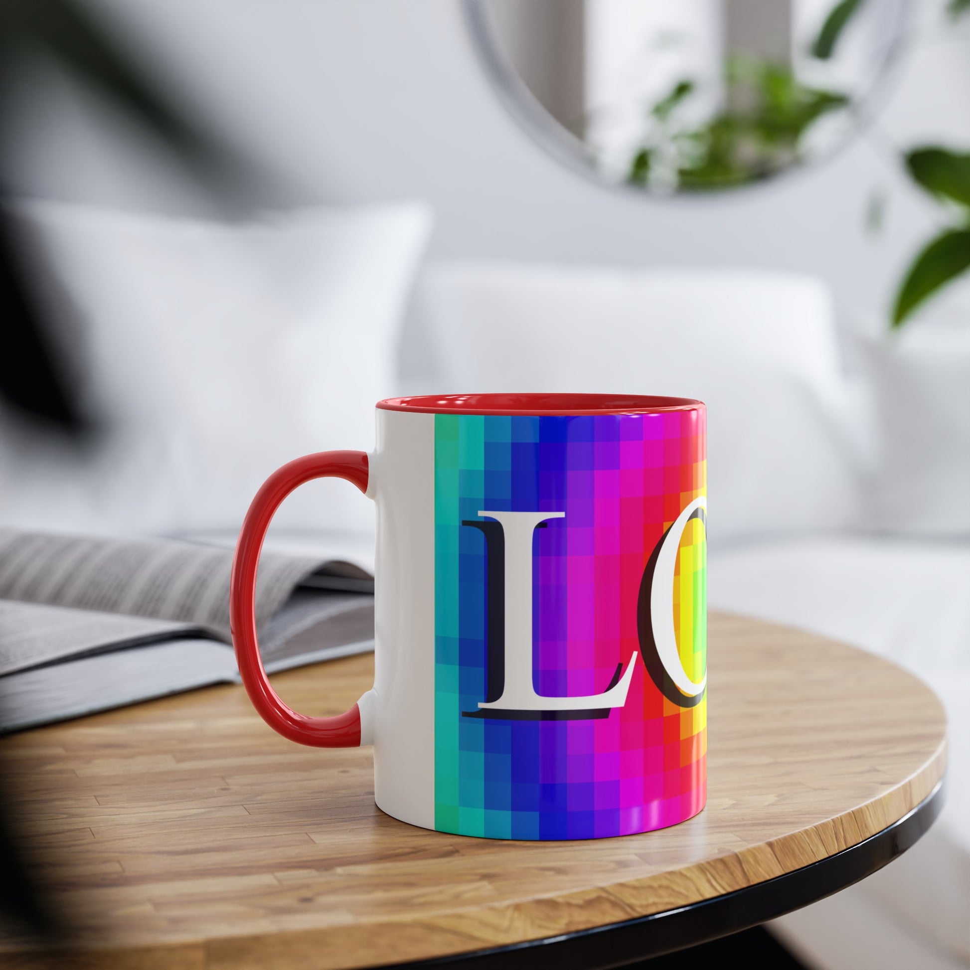 Mosaic of Love, Colourful love themed coffee mugs. Rainbow flag Tea mugs for LGBTQ