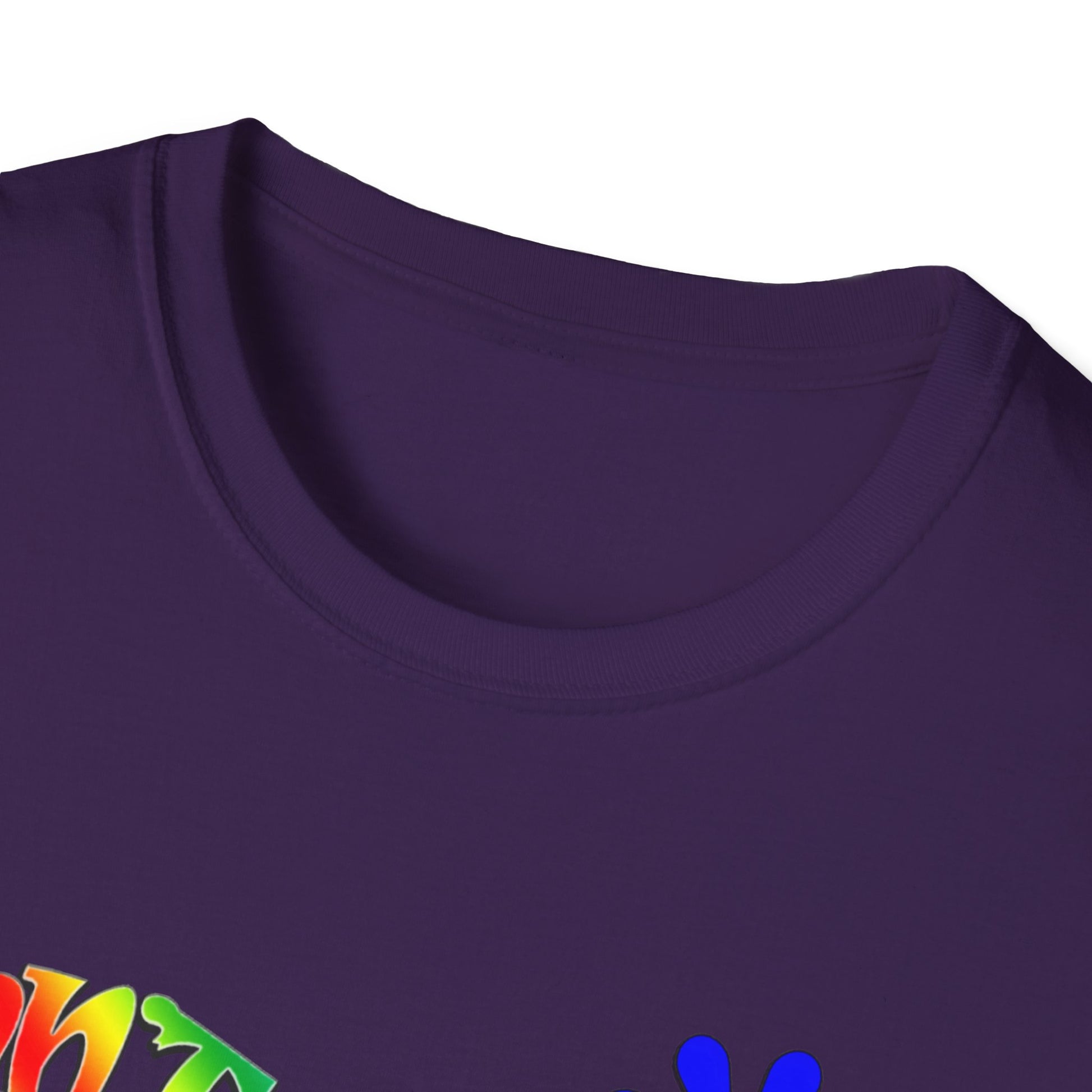 This image showcases a relaxed-fit t-shirt in purple. The front features the slogan "Don't Worry Be Hippy" displayed in a prominent, rainbow typeface. A perfect gift for the Hippy in your life.