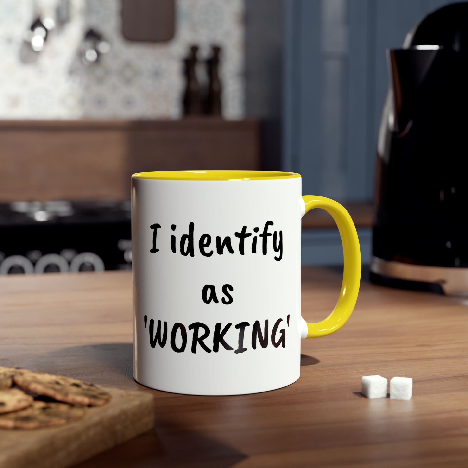 I identify as working - mug. Yellow accented, printed coffee mugs.