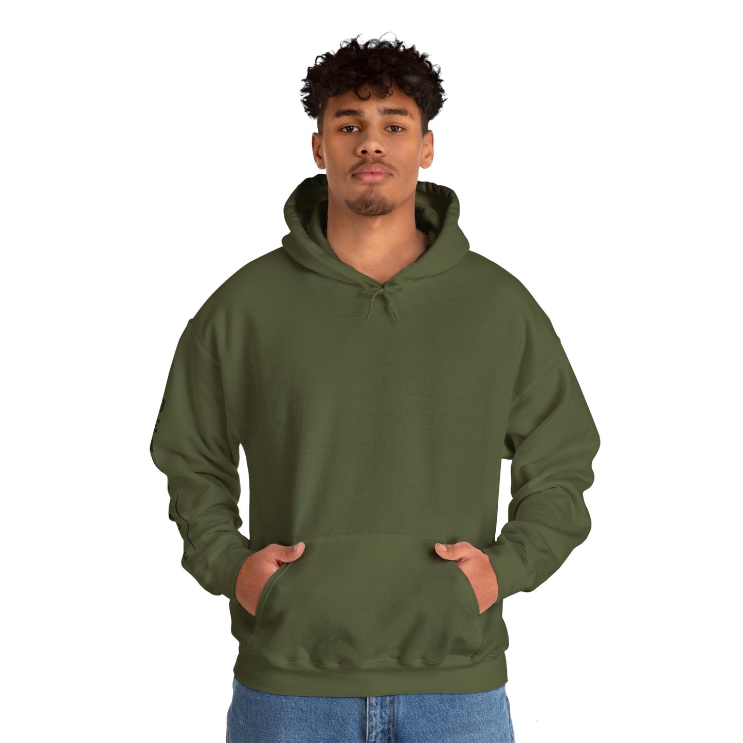 Front of a Military green hoodie with the slogan 'Beast Mode' on the back and right arm.