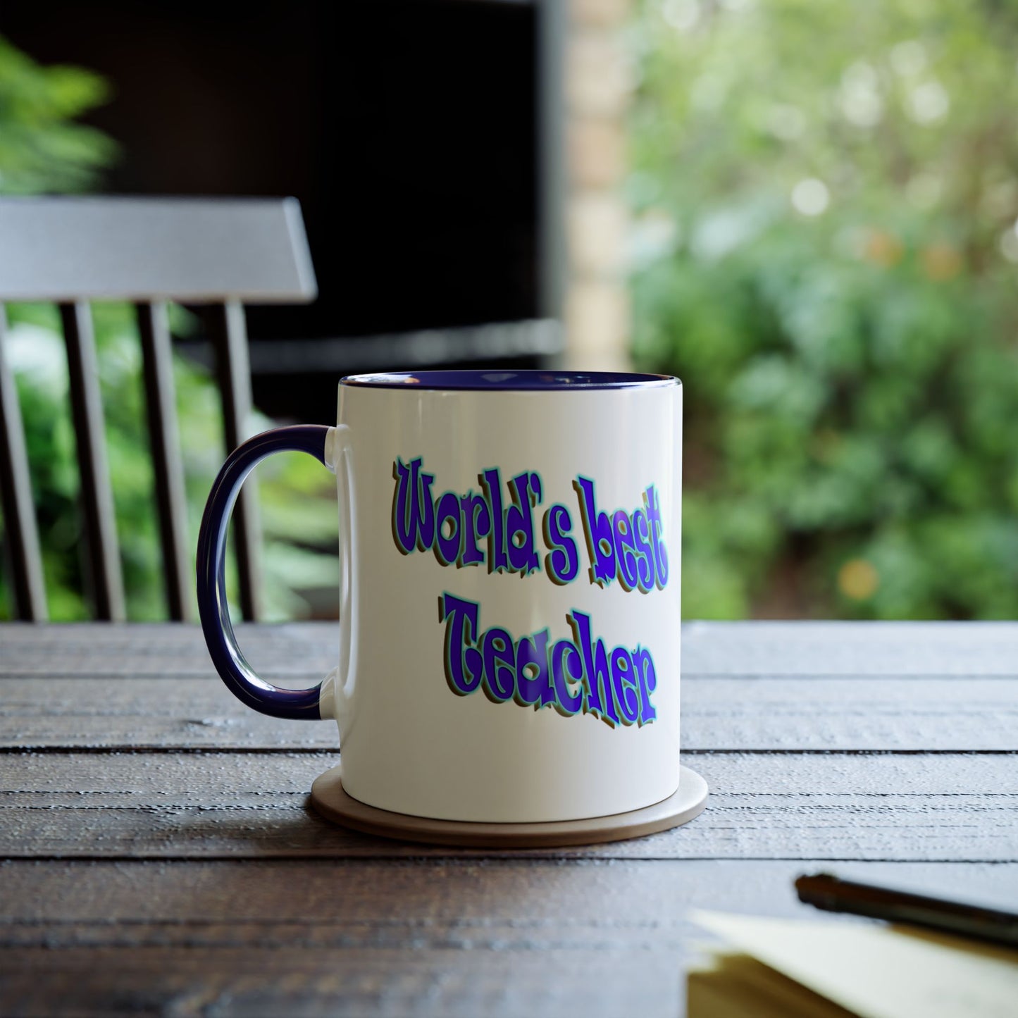 World's best Teacher mug. Dark blue accented, printed coffee and tea mugs.