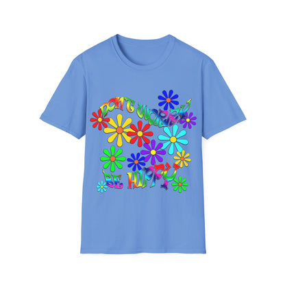 This image focuses on a relaxed t-shirt featuring a striking flower-power rendition of the message "Don't Worry Be Hippy." Crafted from a soft and breathable cotton-polyester blend, this printed T-shirt makes an ideal gift for the activist or social-change fan, sister, brother... or anyone else.